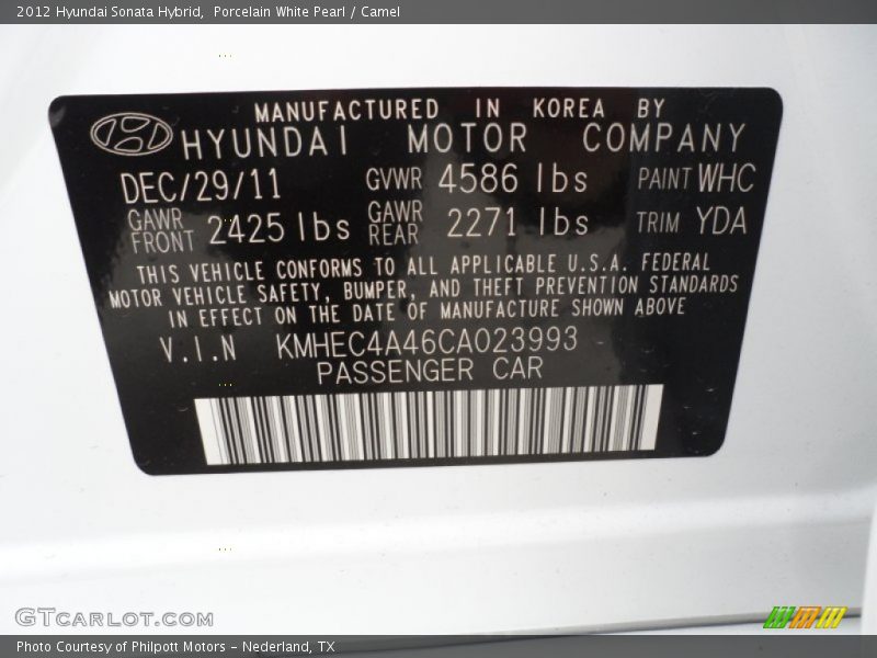 Porcelain White Pearl / Camel 2012 Hyundai Sonata Hybrid