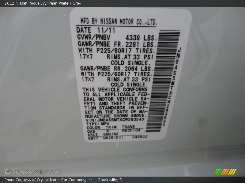 Pearl White / Gray 2012 Nissan Rogue SV