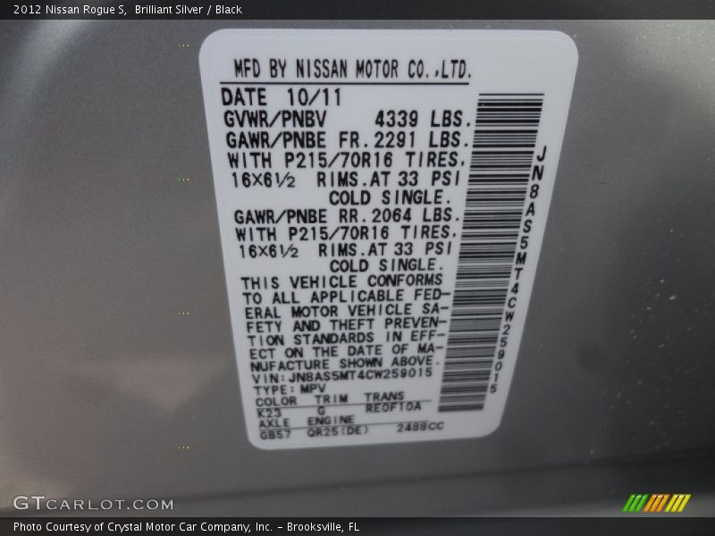 Brilliant Silver / Black 2012 Nissan Rogue S