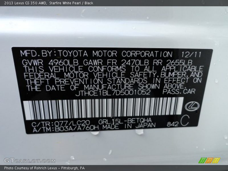 2013 GS 350 AWD Starfire White Pearl Color Code 077