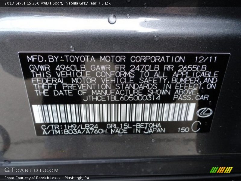 2013 GS 350 AWD F Sport Nebula Gray Pearl Color Code 1H9