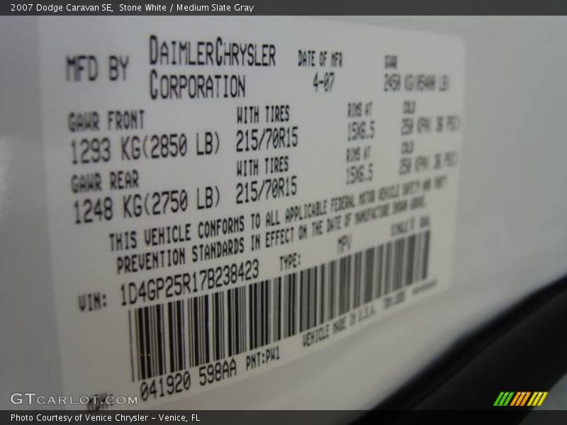 Stone White / Medium Slate Gray 2007 Dodge Caravan SE
