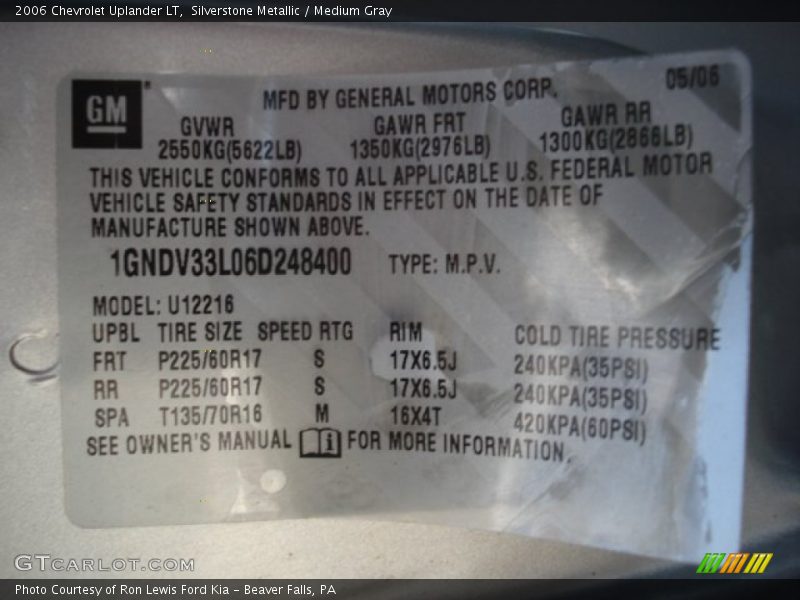 Silverstone Metallic / Medium Gray 2006 Chevrolet Uplander LT