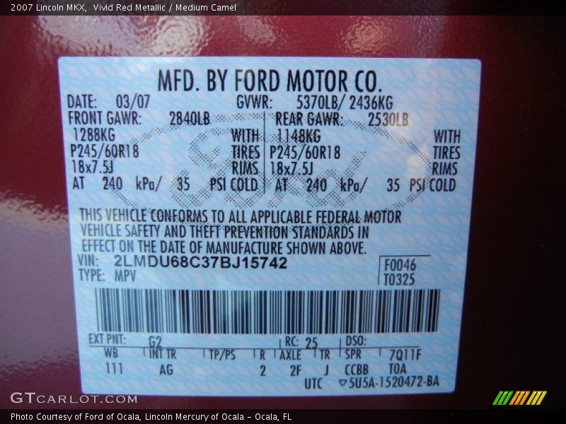 Vivid Red Metallic / Medium Camel 2007 Lincoln MKX