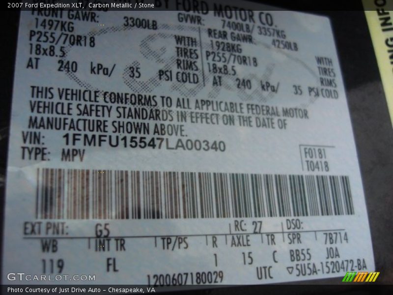 2007 Expedition XLT Carbon Metallic Color Code G5
