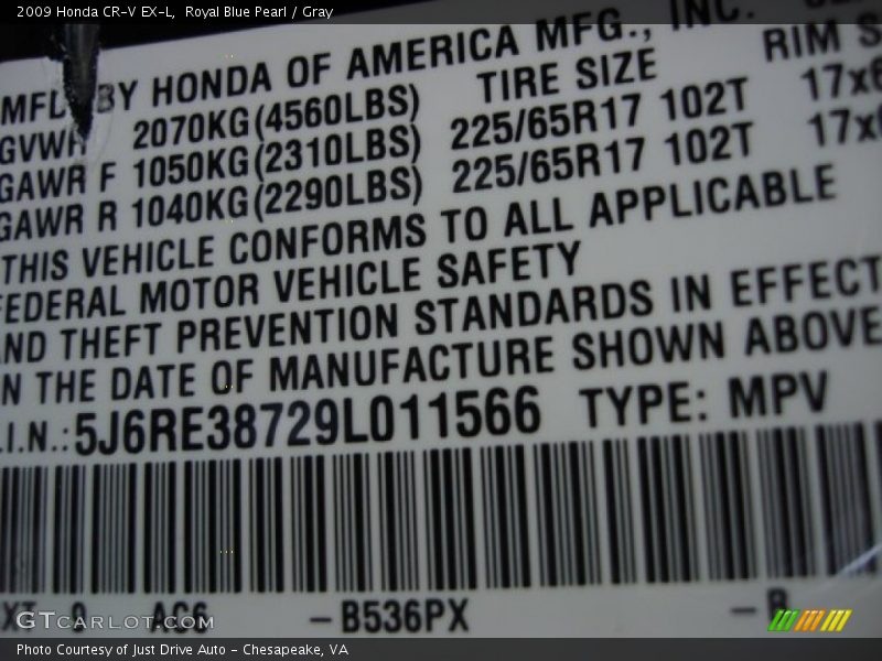 2009 CR-V EX-L Royal Blue Pearl Color Code B536PX