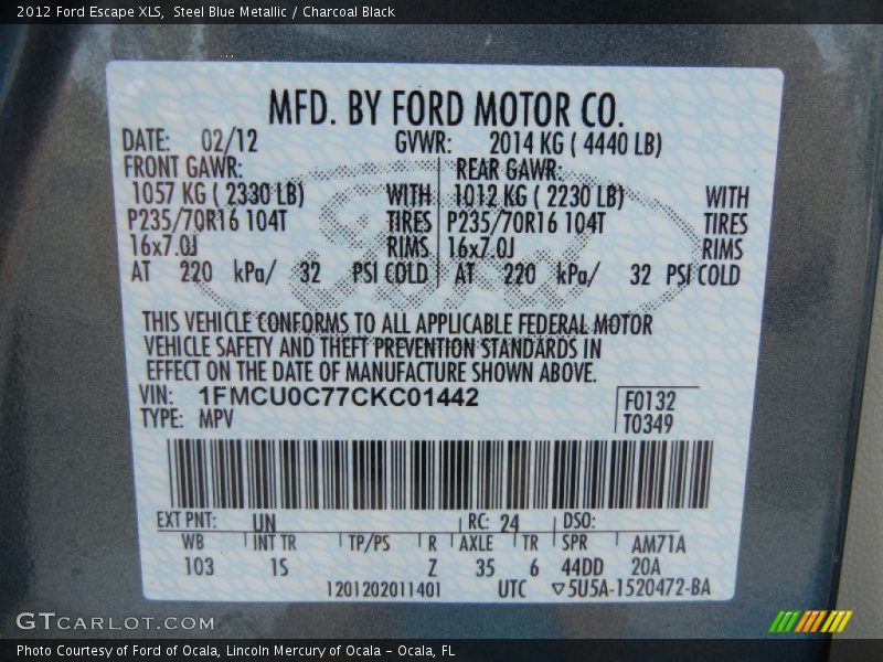2012 Escape XLS Steel Blue Metallic Color Code UN