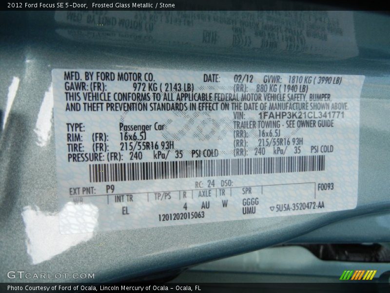2012 Focus SE 5-Door Frosted Glass Metallic Color Code P9