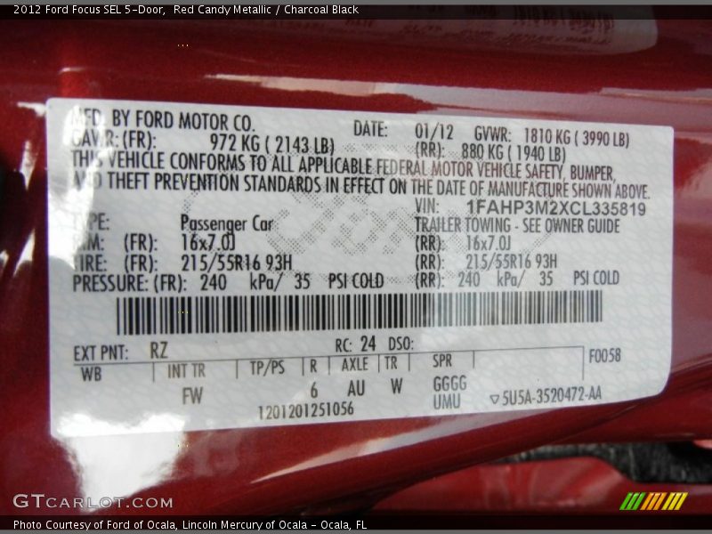 2012 Focus SEL 5-Door Red Candy Metallic Color Code RZ