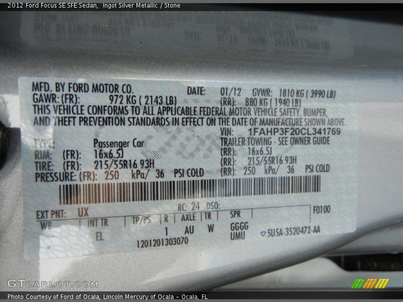 2012 Focus SE SFE Sedan Ingot Silver Metallic Color Code UX