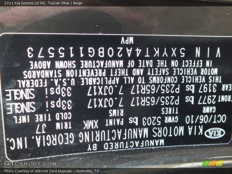 2011 Sorento LX V6 Tuscan Olive Color Code XMK