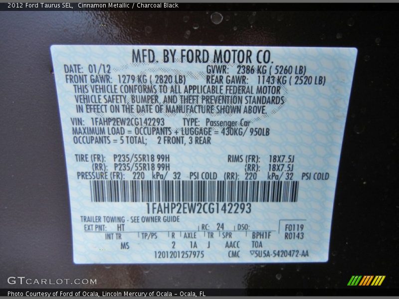 2012 Taurus SEL Cinnamon Metallic Color Code HT
