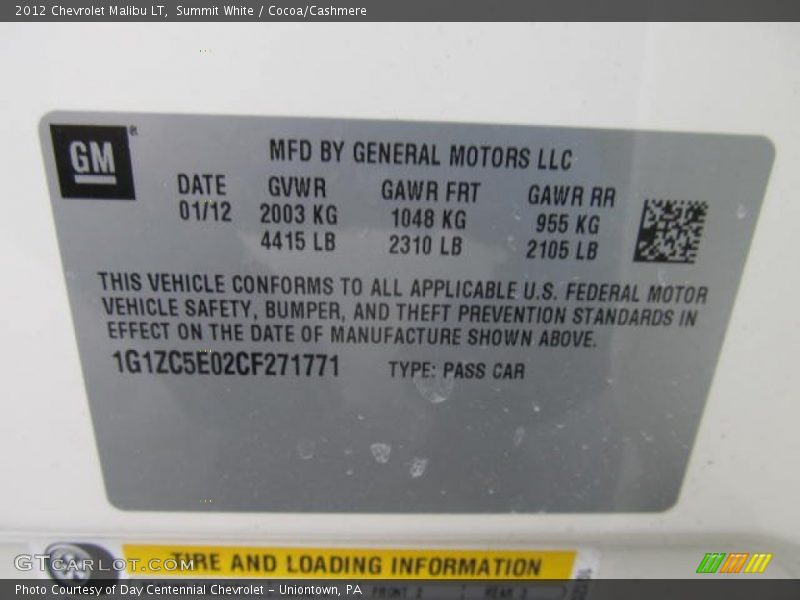 Summit White / Cocoa/Cashmere 2012 Chevrolet Malibu LT