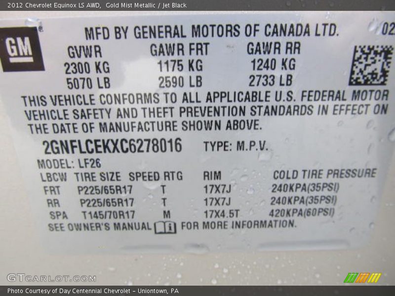 Gold Mist Metallic / Jet Black 2012 Chevrolet Equinox LS AWD