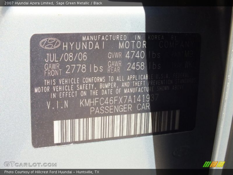 Sage Green Metallic / Black 2007 Hyundai Azera Limited