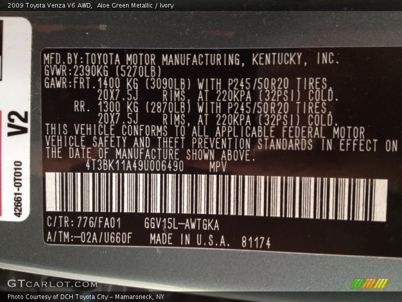 2009 Venza V6 AWD Aloe Green Metallic Color Code 776