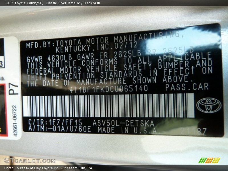 Classic Silver Metallic / Black/Ash 2012 Toyota Camry SE