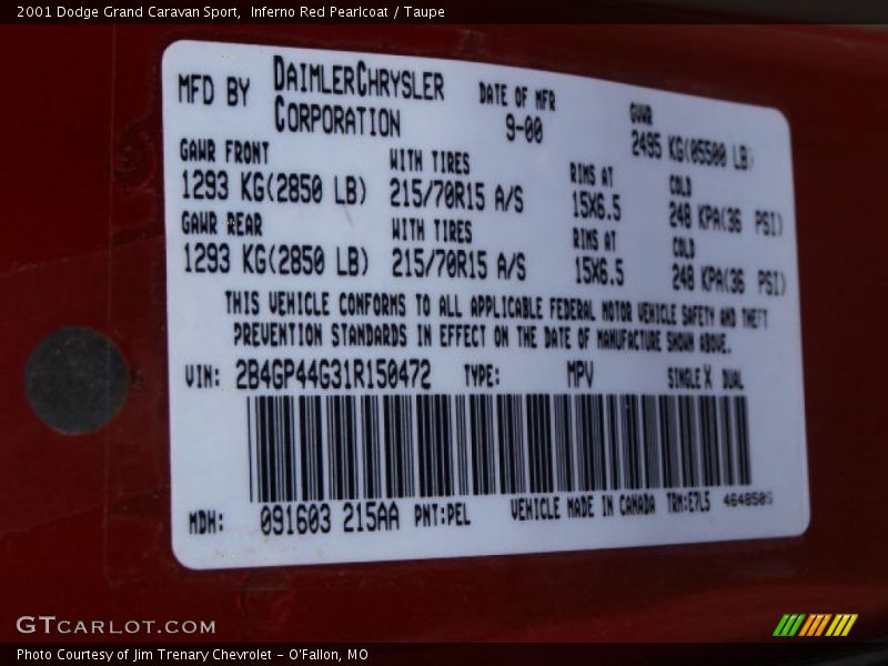 2001 Grand Caravan Sport Inferno Red Pearlcoat Color Code PEL