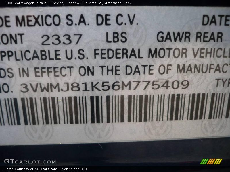 Shadow Blue Metallic / Anthracite Black 2006 Volkswagen Jetta 2.0T Sedan