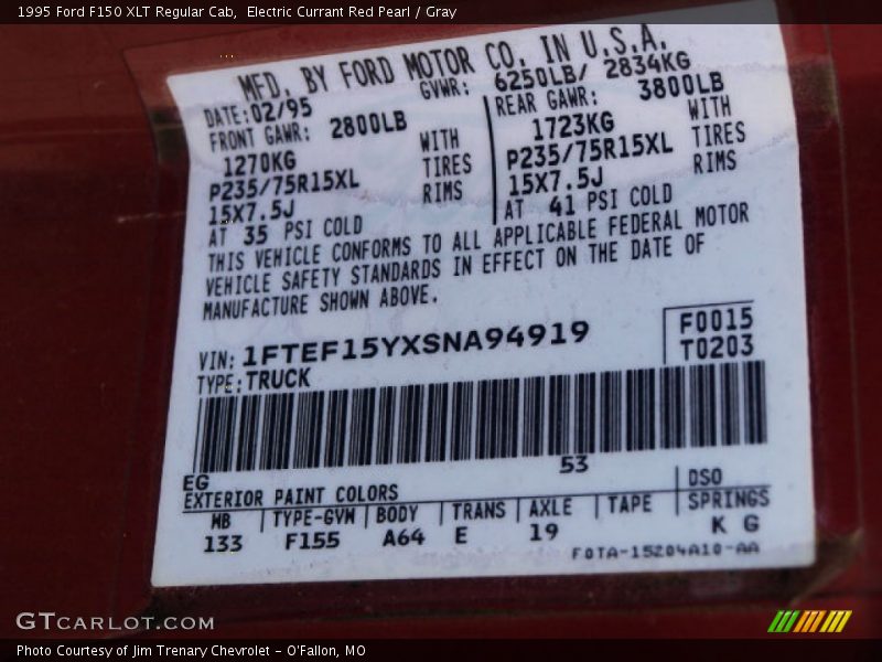 1995 F150 XLT Regular Cab Electric Currant Red Pearl Color Code EG