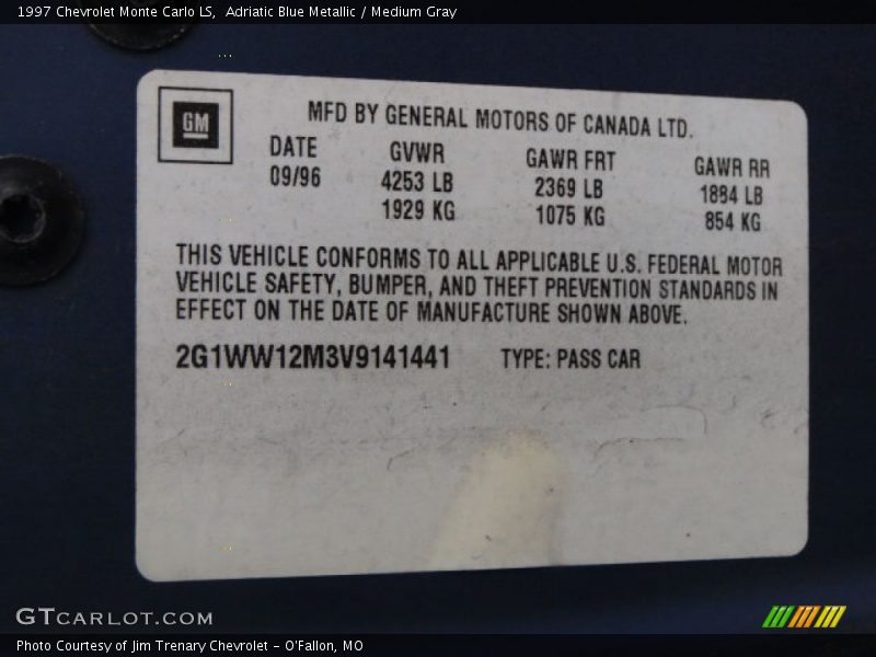 Adriatic Blue Metallic / Medium Gray 1997 Chevrolet Monte Carlo LS