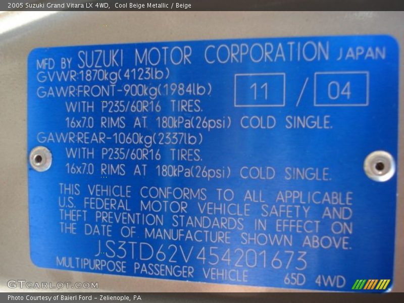 Cool Beige Metallic / Beige 2005 Suzuki Grand Vitara LX 4WD