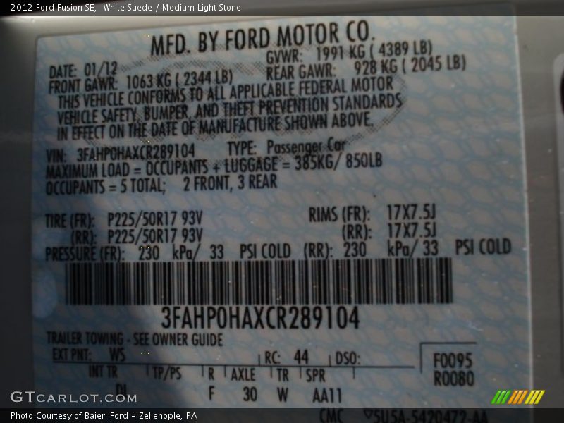 White Suede / Medium Light Stone 2012 Ford Fusion SE