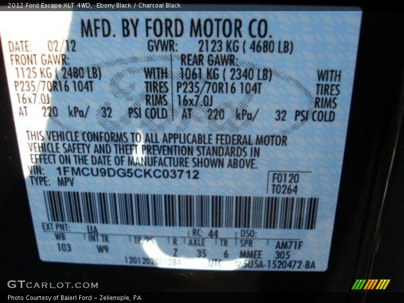 2012 Escape XLT 4WD Ebony Black Color Code UA