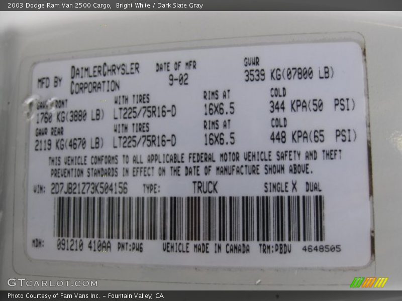 Bright White / Dark Slate Gray 2003 Dodge Ram Van 2500 Cargo
