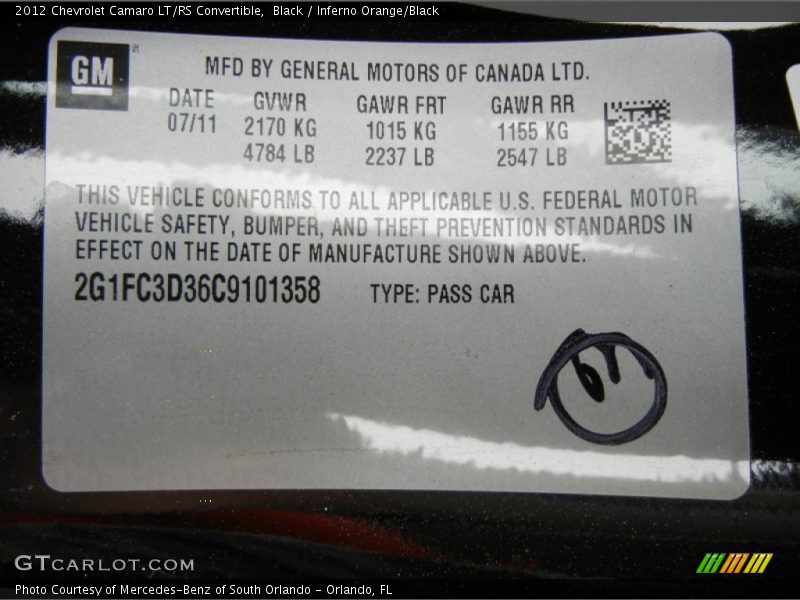 Black / Inferno Orange/Black 2012 Chevrolet Camaro LT/RS Convertible