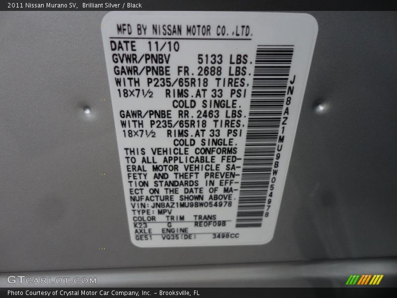 2011 Murano SV Brilliant Silver Color Code K23