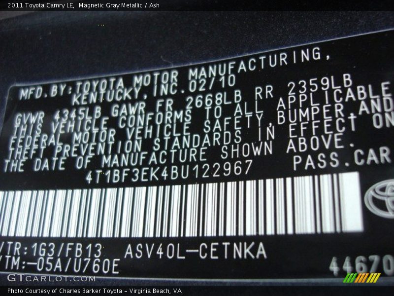 Magnetic Gray Metallic / Ash 2011 Toyota Camry LE