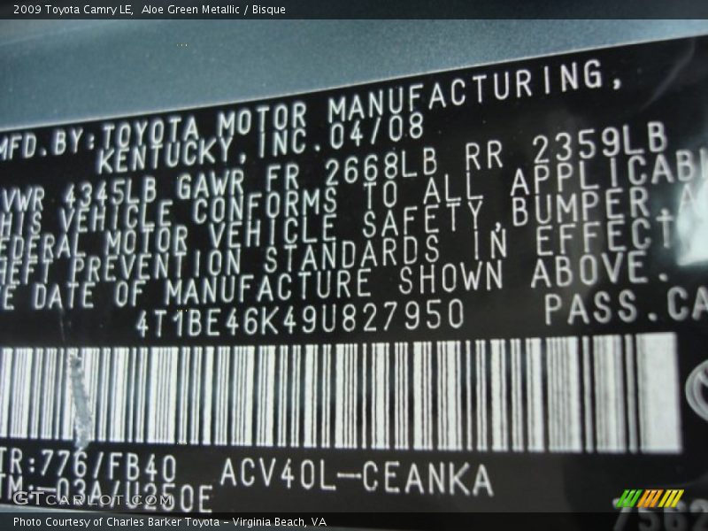 2009 Camry LE Aloe Green Metallic Color Code 776