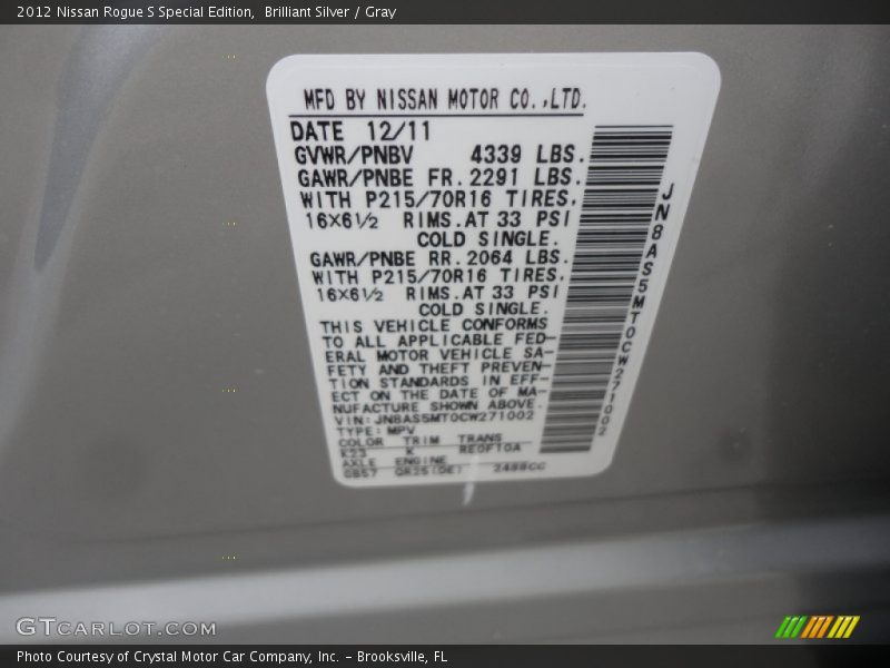 2012 Rogue S Special Edition Brilliant Silver Color Code K23