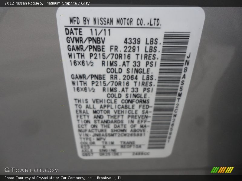 Platinum Graphite / Gray 2012 Nissan Rogue S