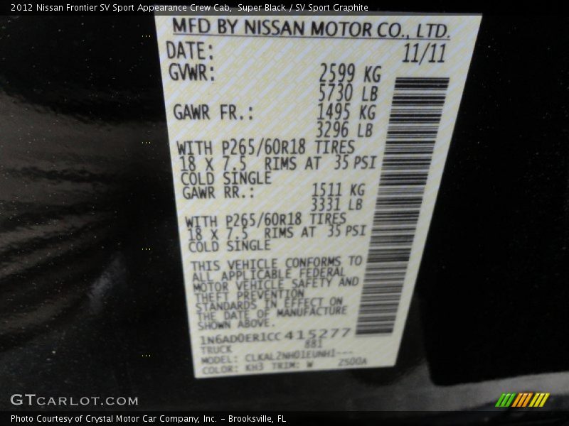 Super Black / SV Sport Graphite 2012 Nissan Frontier SV Sport Appearance Crew Cab