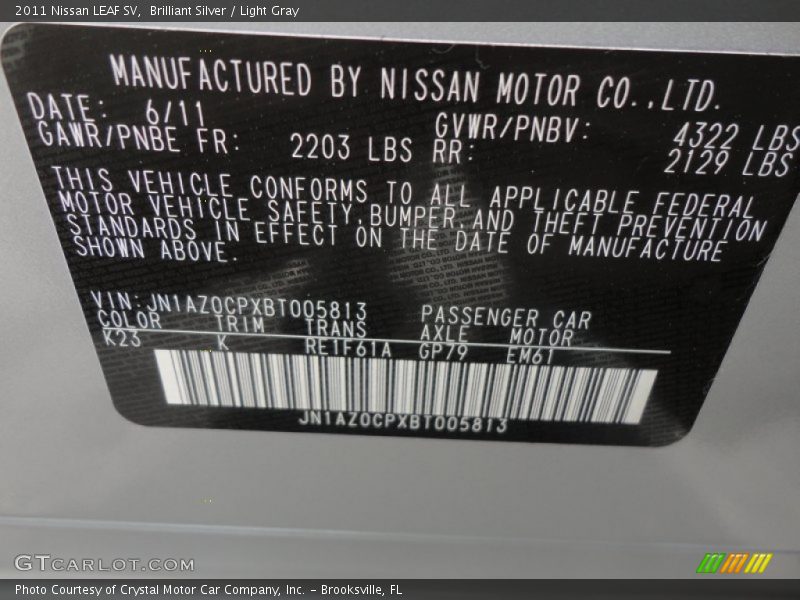2011 LEAF SV Brilliant Silver Color Code K23