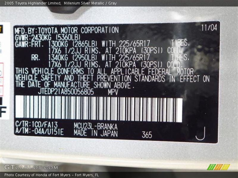 Millenium Silver Metallic / Gray 2005 Toyota Highlander Limited