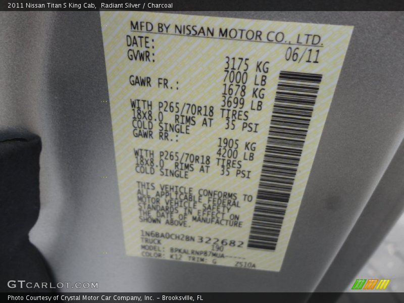 Radiant Silver / Charcoal 2011 Nissan Titan S King Cab