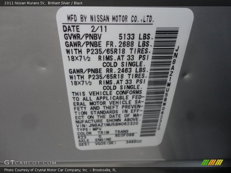 Brilliant Silver / Black 2011 Nissan Murano SV
