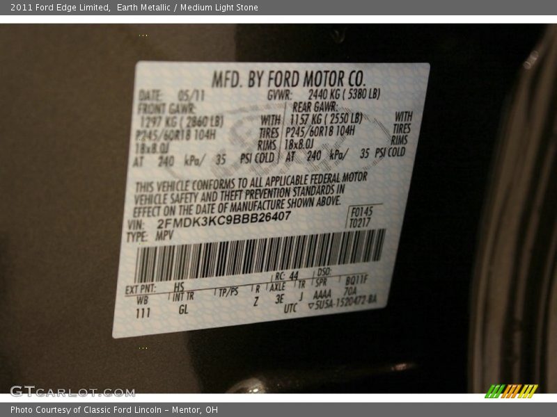 Earth Metallic / Medium Light Stone 2011 Ford Edge Limited