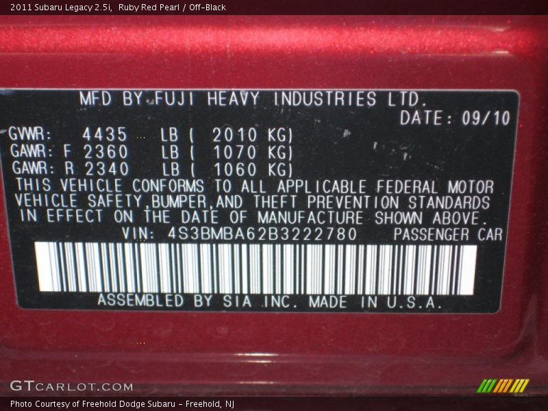 Ruby Red Pearl / Off-Black 2011 Subaru Legacy 2.5i