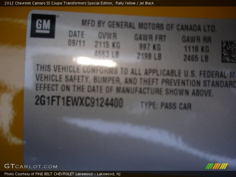 Rally Yellow / Jet Black 2012 Chevrolet Camaro SS Coupe Transformers Special Edition