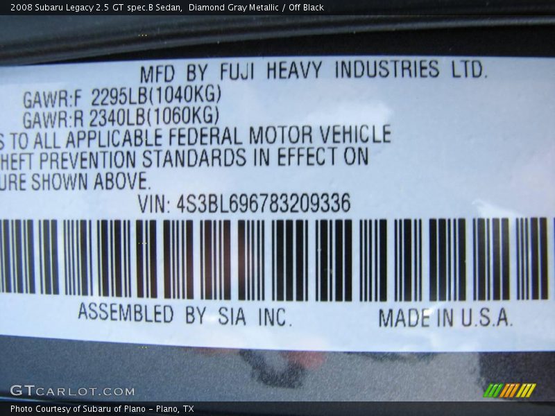 Info Tag of 2008 Legacy 2.5 GT spec.B Sedan