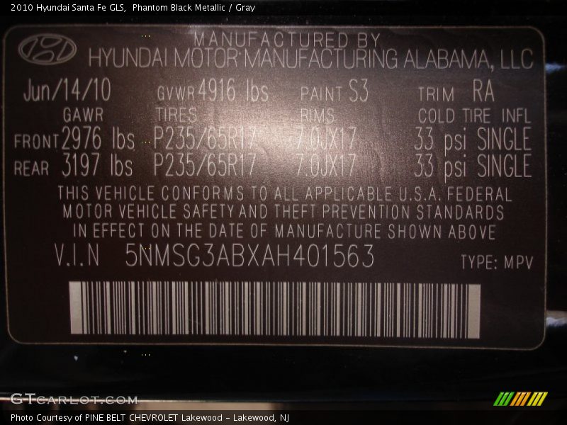 Phantom Black Metallic / Gray 2010 Hyundai Santa Fe GLS