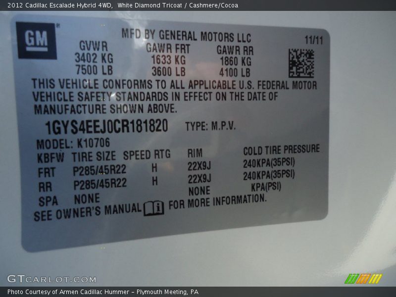 White Diamond Tricoat / Cashmere/Cocoa 2012 Cadillac Escalade Hybrid 4WD