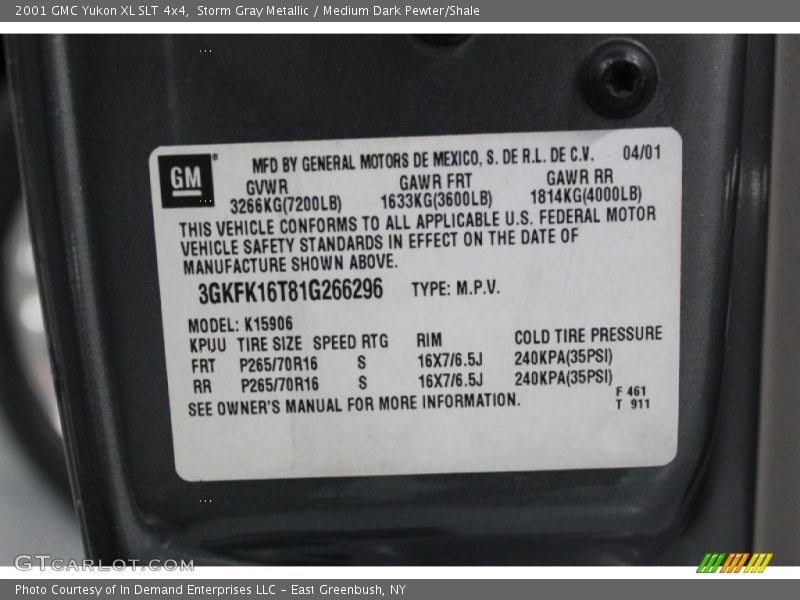 Storm Gray Metallic / Medium Dark Pewter/Shale 2001 GMC Yukon XL SLT 4x4