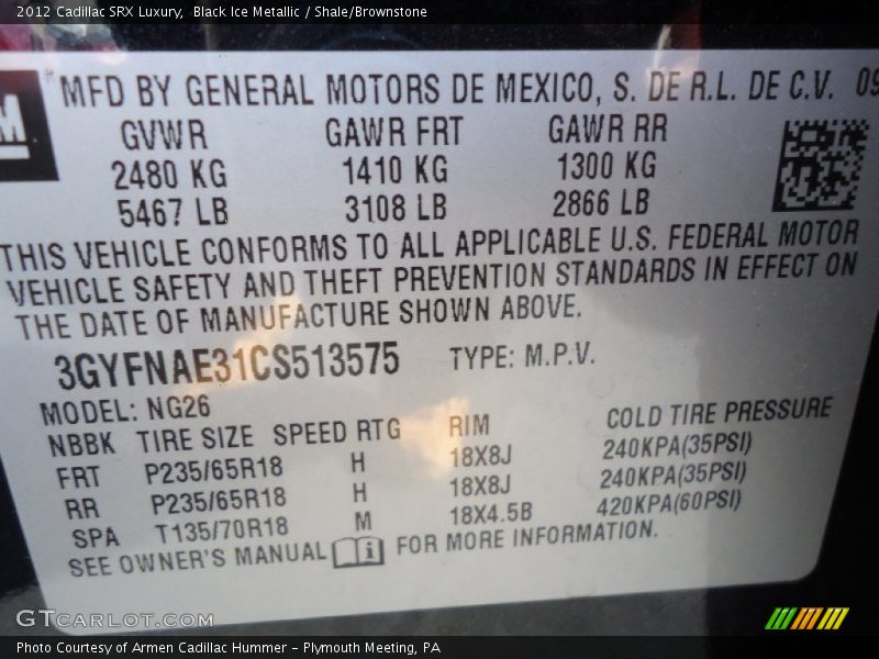 Black Ice Metallic / Shale/Brownstone 2012 Cadillac SRX Luxury