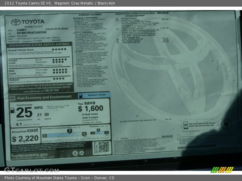 Magnetic Gray Metallic / Black/Ash 2012 Toyota Camry SE V6