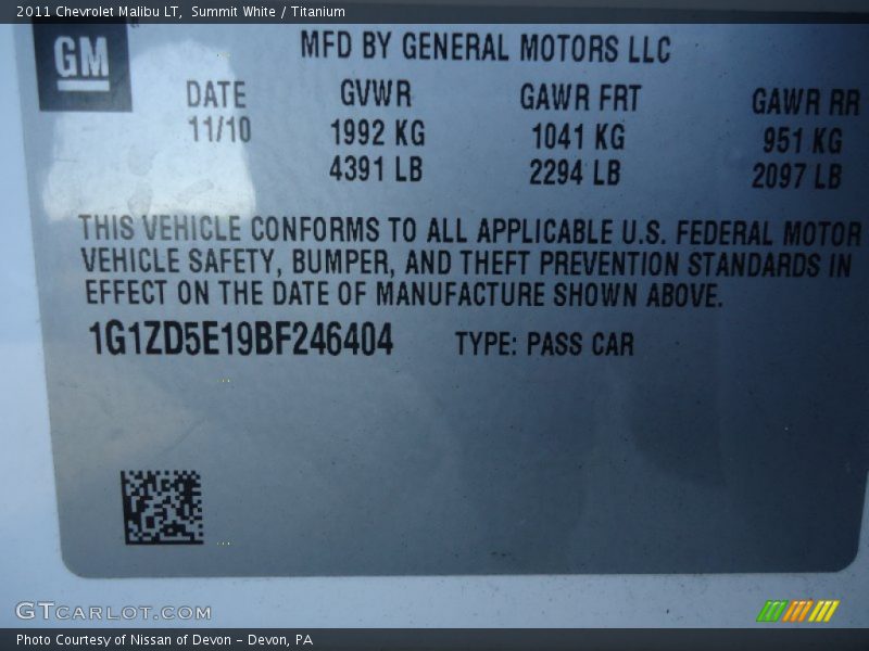 Summit White / Titanium 2011 Chevrolet Malibu LT